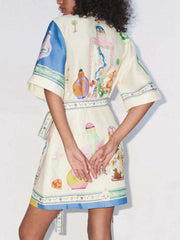 Exquisite Oil Painting Print Lace-Up Cardigan Mini Dress