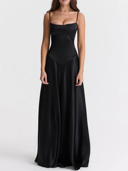 French Tie Slim Backless Evening Gown Maxi Dress