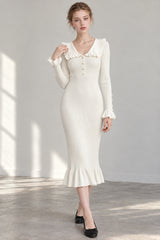 Elegant Women Knitted Sleeve Casual Solid Color Ruffles Hem Party for Beach Cocktail Club Streetwear