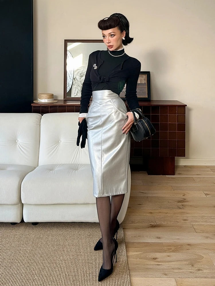 Silver PU Leather High Waist Midi Skirt