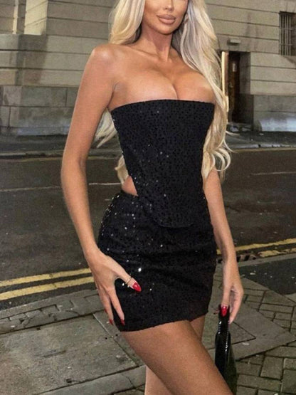 Denim Sequin Tube Top Skirt Set