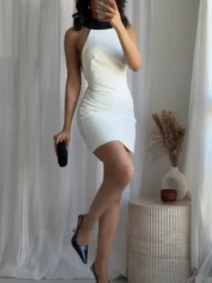 Contrast Color Halter Neck Mini Dress