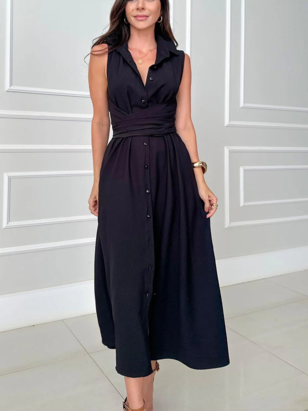 Shirt Style Single-breasted Tie Midi Dress