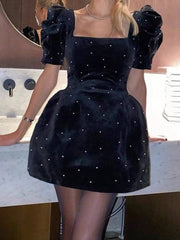 Square Collar Bubble Sleeve Pearl Dress