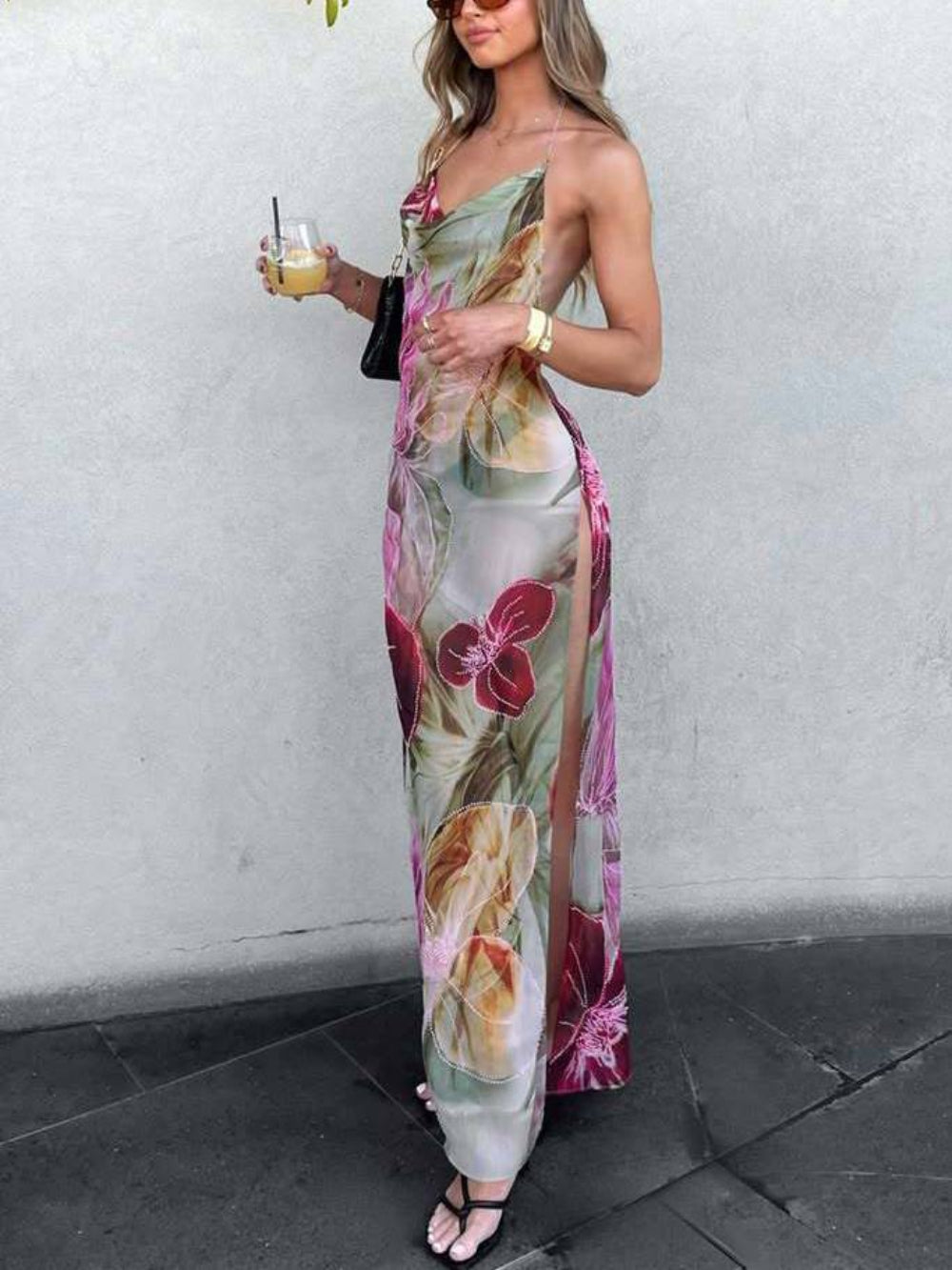 Sexy Waist-Tied Backless Halter French Slit Dress