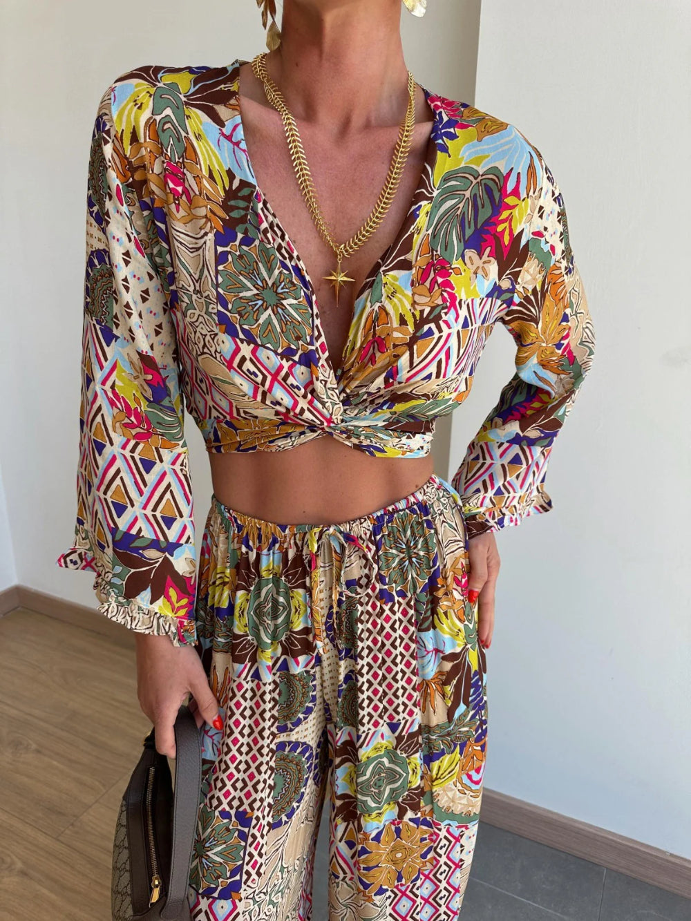 Vintage Botanical Print Crop Shirt