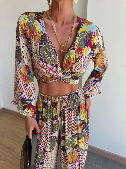 Vintage Botanical Print Crop Shirt