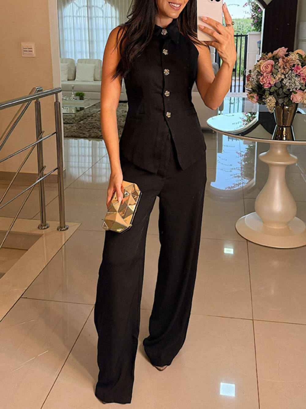 High Neck Button Vest Top