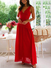 Backless Pleated V-Neck Splicing Maxi Dress