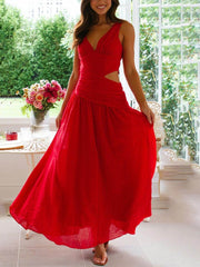 Backless Pleated V-Neck Splicing Maxi Dress