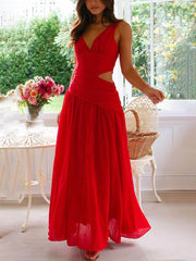 Backless Pleated V-Neck Splicing Maxi Dress