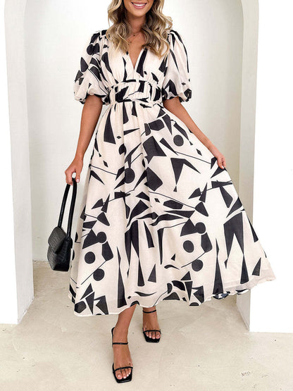 Beige Geometric Print Midi Dress
