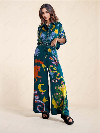 Print Wide Leg Pants Set with Pockets