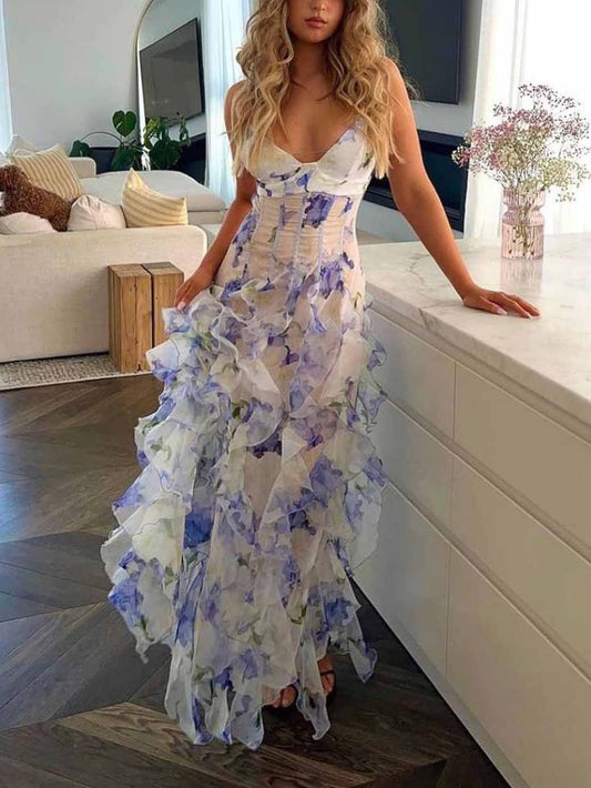 Fashion Floral Print Ruffled Dress
