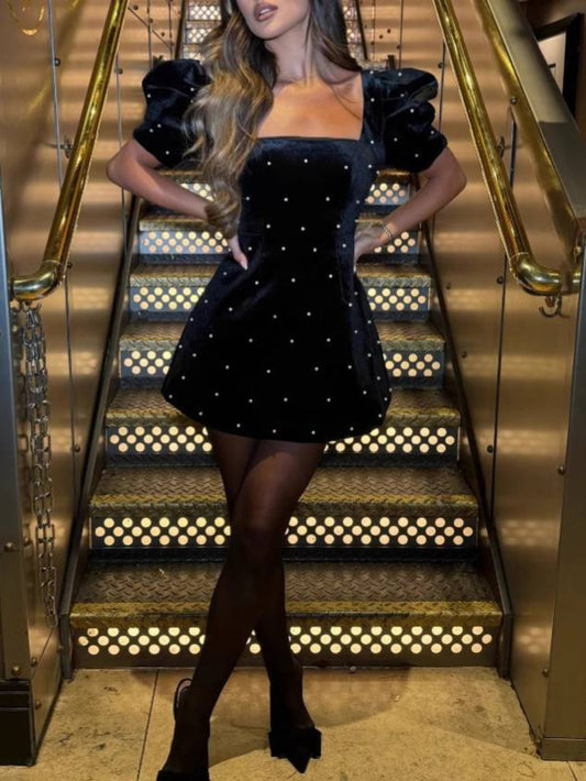 Square Collar Bubble Sleeve Pearl Dress