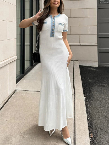 Short Sleeve Denim Patchwork Knit Dress