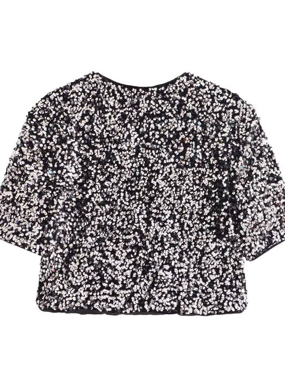 Short Sleeve Sequin Bow Blouse