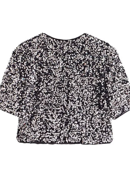 Short Sleeve Sequin Bow Blouse