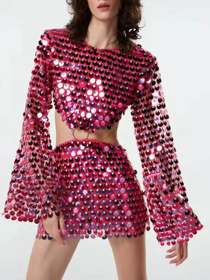 Elegant Sequin Detail Cutout Long Sleeve Dress