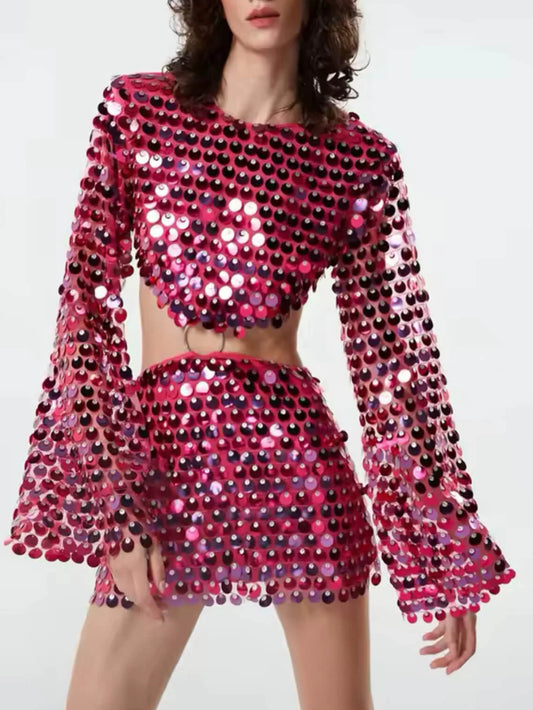 Elegant Sequin Detail Cutout Long Sleeve Dress