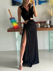V-Neck Slit Ruched Asymmetric Dress