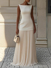 Pleated Classic Boat Neck Maxi Dress