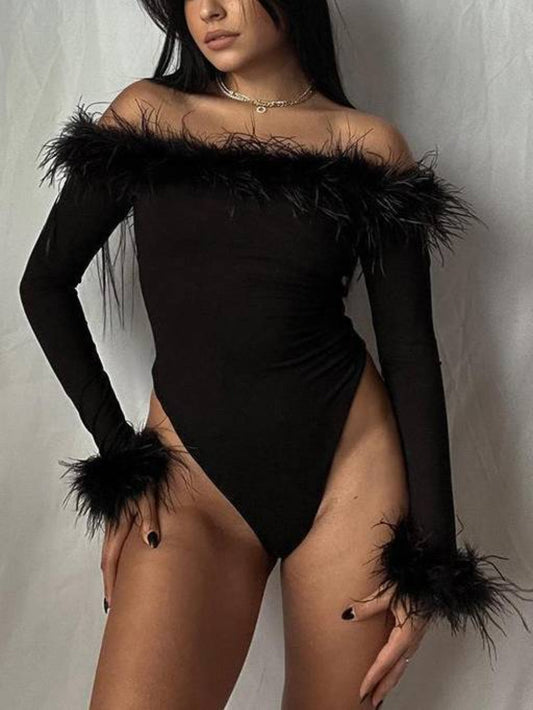 Chic Furry Patchwork Off-Shoulder Bodysuit