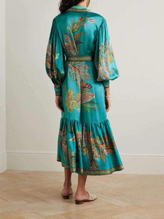 Delicate Satin Floral Print Single Breasted Dress
