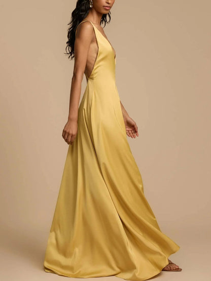 Sexy Backless V-Neck Satin Maxi Dress