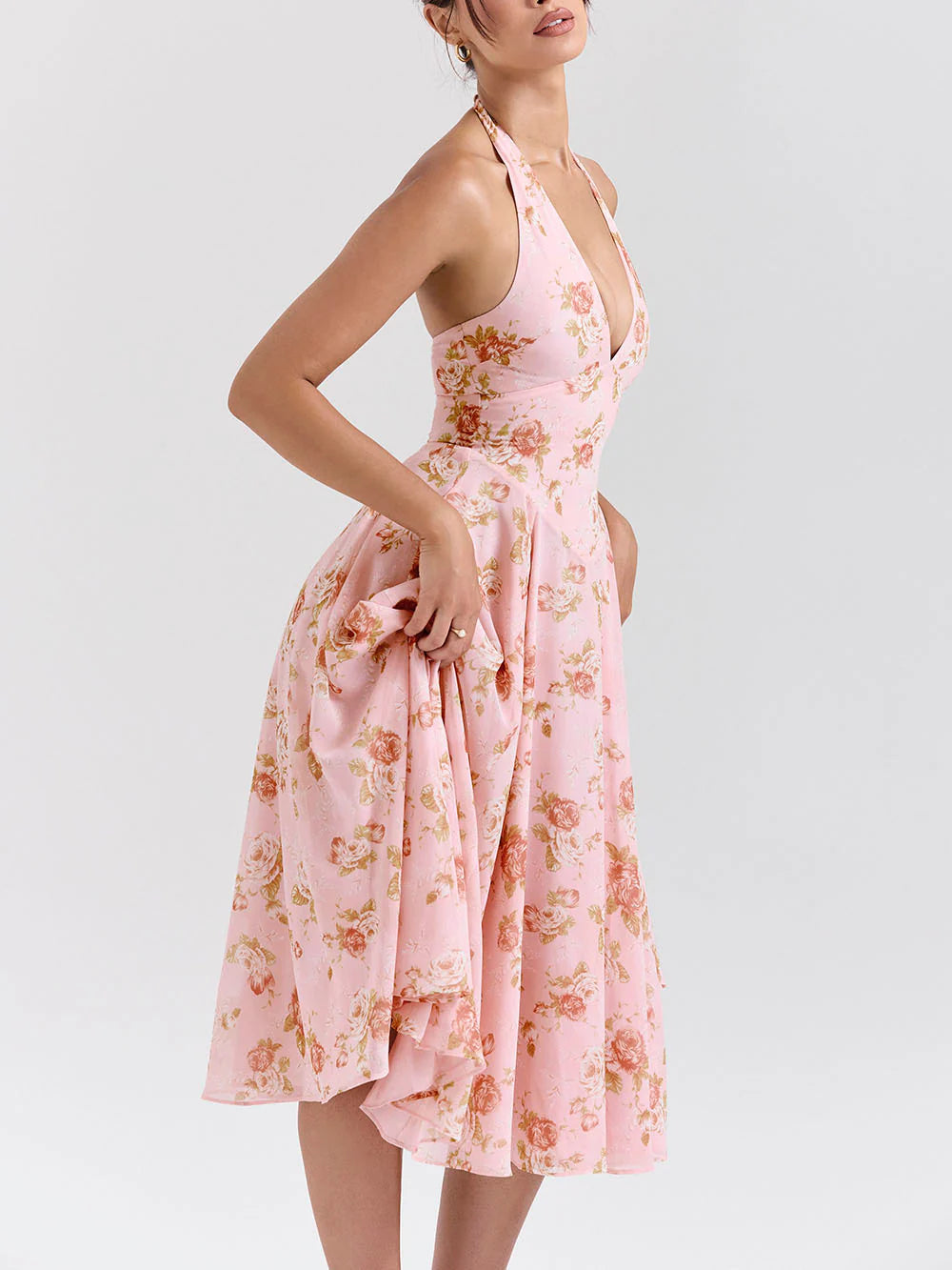 Exquisite Retro V-Neck Rose Print Dress