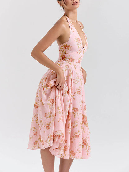 Exquisite Retro V-Neck Rose Print Dress