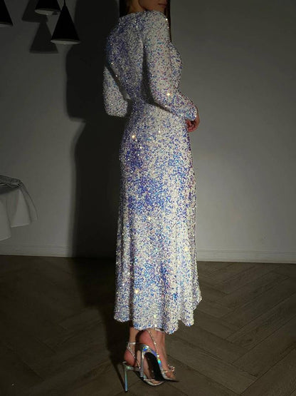 Velvet Sequin Fitted Fishtail Midi Dress