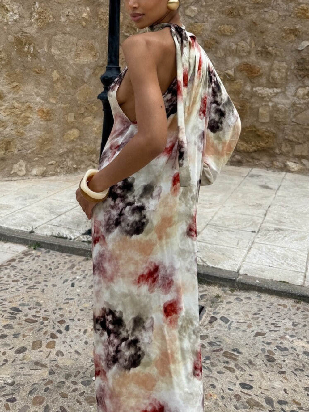 Unique Watercolor Print Single Puff Sleeve Dress