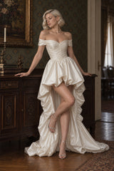 Satin Off Shoulder High Low Reception Dress