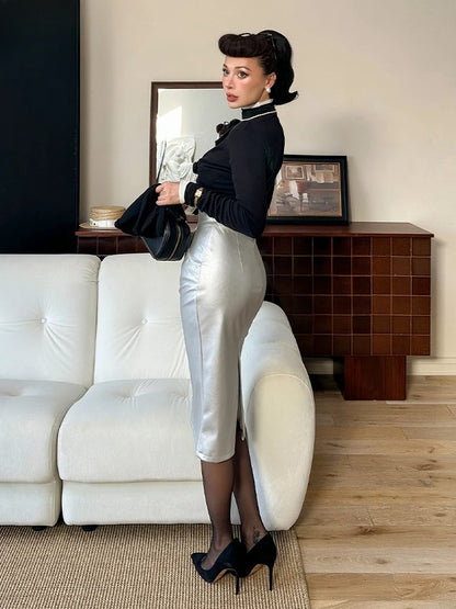 Silver PU Leather High Waist Midi Skirt
