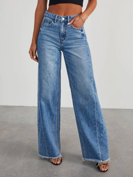 Side Stitched Hem Wide-Leg Jeans
