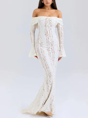 Lace Off-Shoulder Bell Sleeve Bodycon Gown