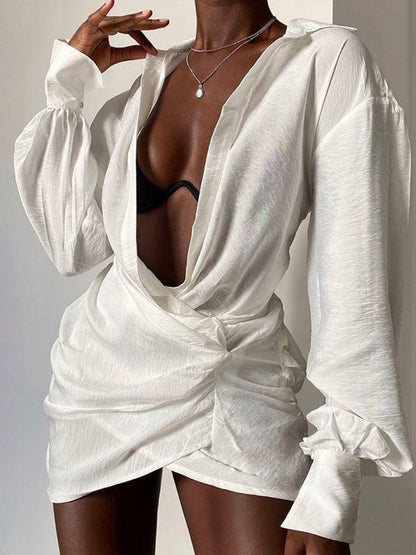 Long Sleeve V-Neck Linen Shirt Dress
