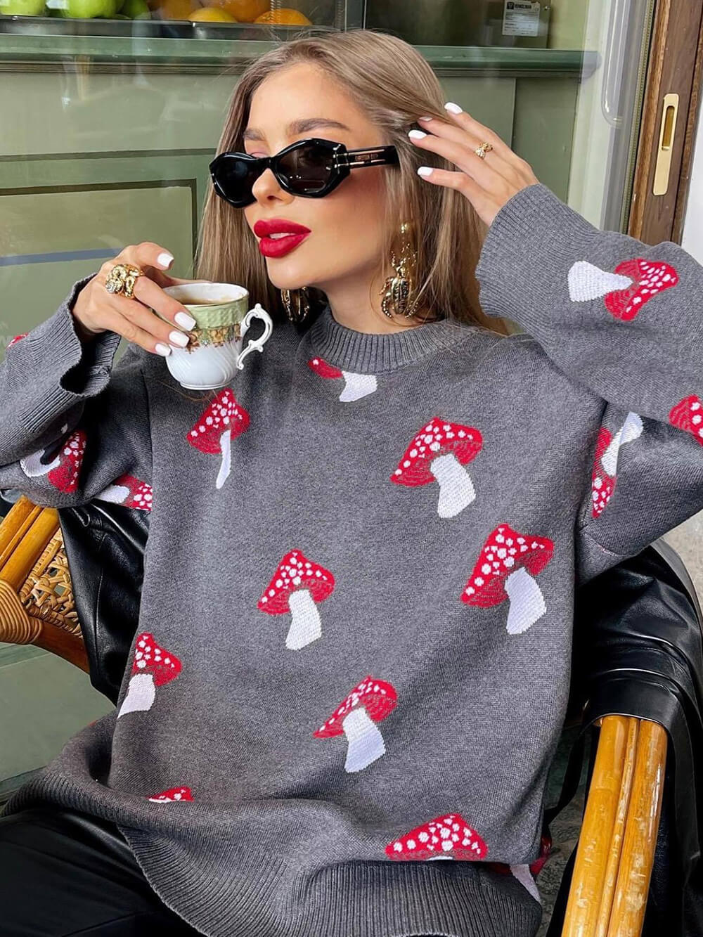 Mushroom Print Contrast Sweater