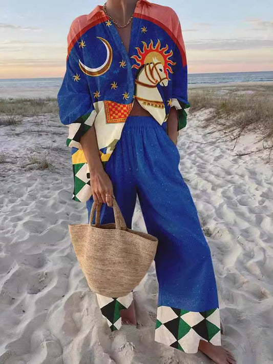 Casual Print Long Sleeve Two-piece Set