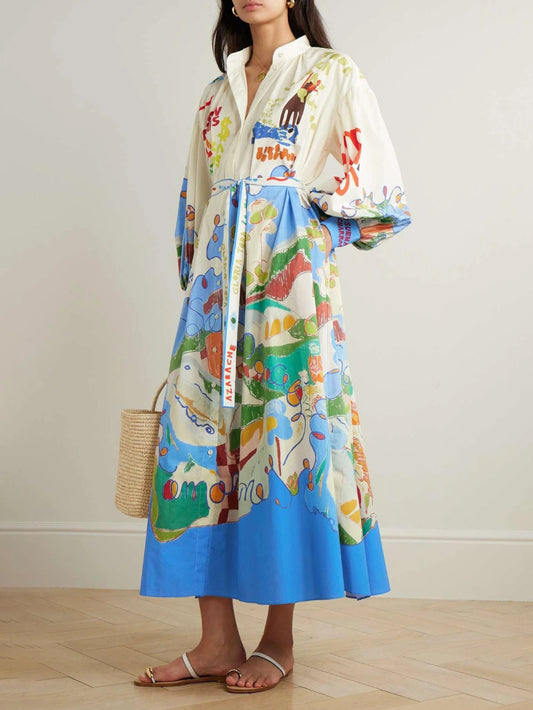 Button-Down Lantern Sleeve Graffiti Print Waist-Tied Dress