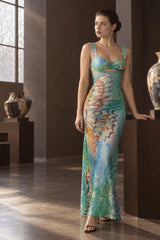 Lace Print Backless Bodycon Maxi Dress