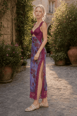 Lace Patchwork Strap Backless Slit Maxi Floral Dress