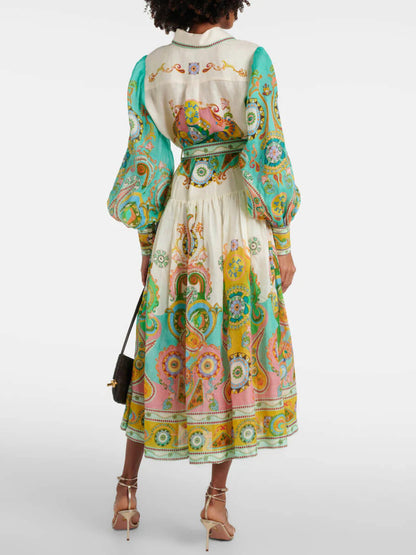 Exquisite Fashion Print Puff Sleeve Tie Midi Dress