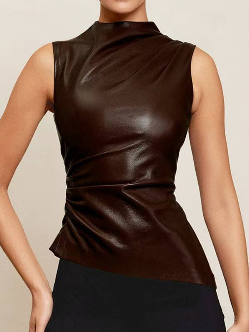 Sleeveless Pleated Leather Look Top