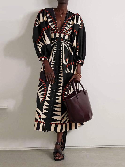Coconut Jungle Print Puff Sleeve Midi Dress