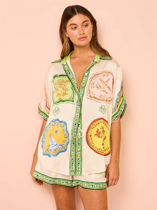 Cream Shirt and Shorts Ethnic Print Set