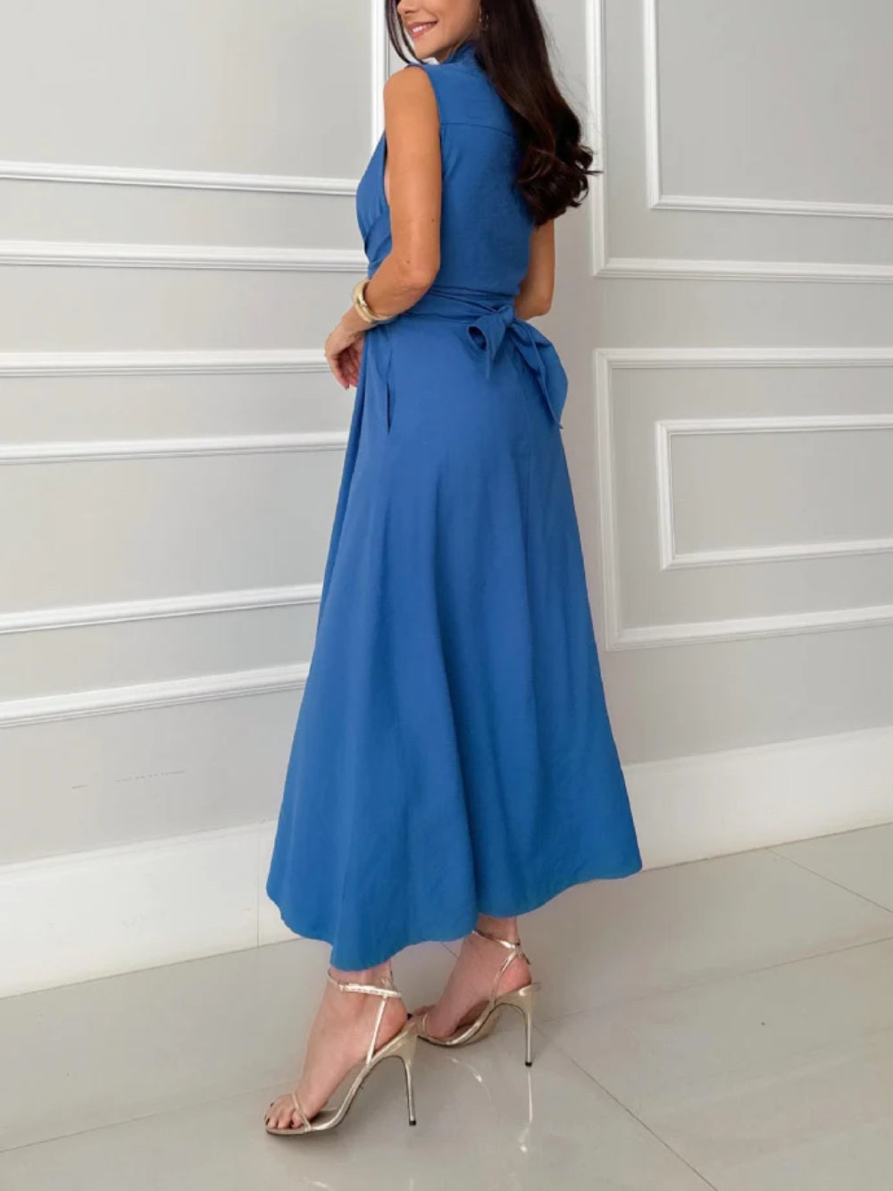 Shirt Style Single-breasted Tie Midi Dress