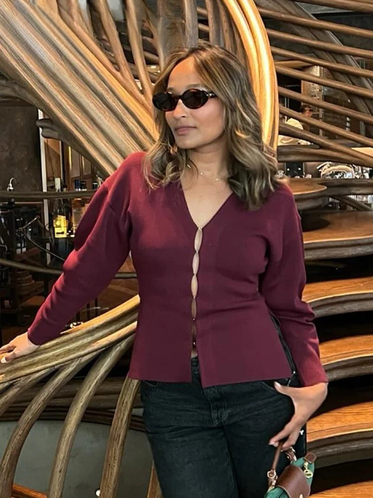 Burgundy V-Neck Slim Knit Cardigan