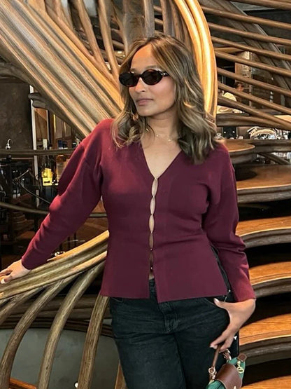 Burgundy V-Neck Slim Knit Cardigan
